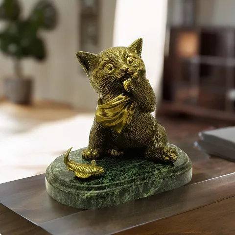 Статуэтка «Котенок-обжора» из бронзы со змеевиком
